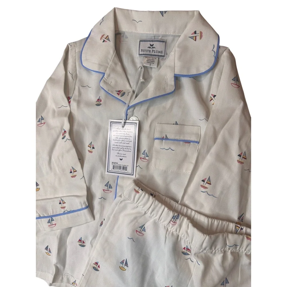 Petite Plume Boys Bateau Classic Pajama Set Sailboat Cream Blue SPJB102 Size 2